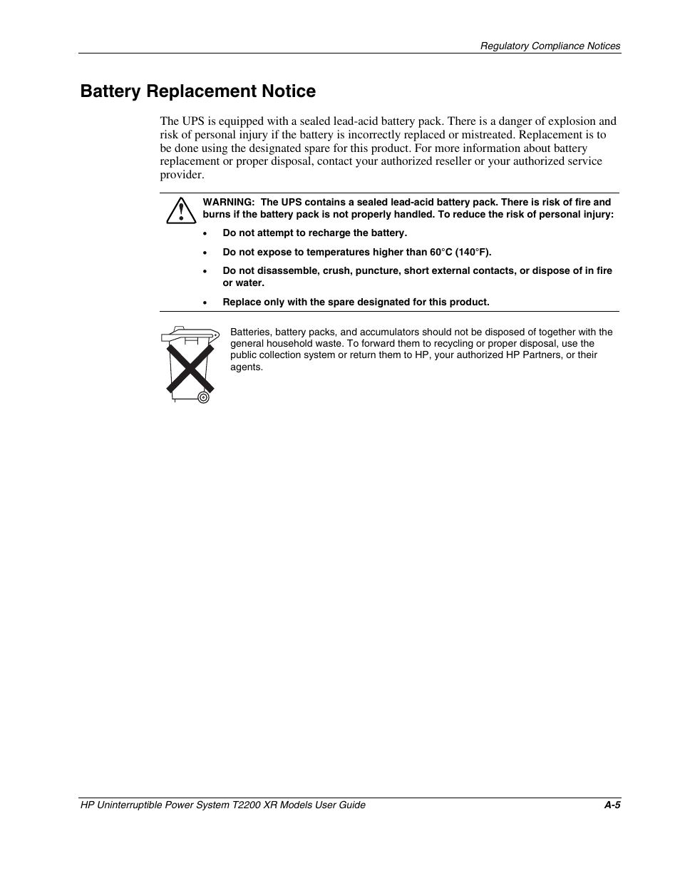 Battery replacement notice | HP T2200 XR User Manual | Page 42 / 51