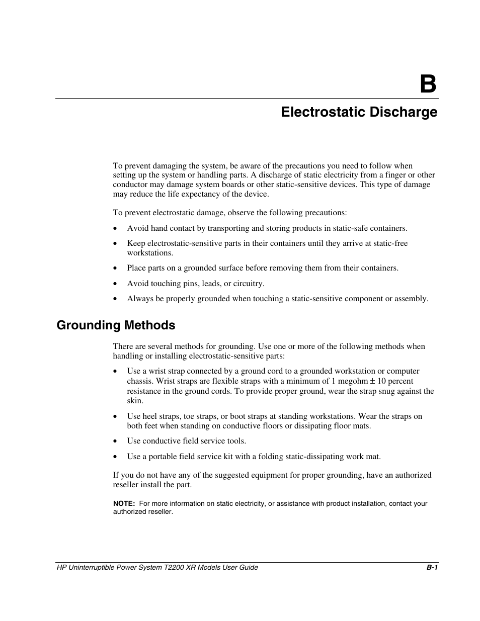 Appendix b: electrostatic discharge, Grounding methods, Appendix b | Electrostatic discharge | HP T2200 XR User Manual | Page 43 / 51