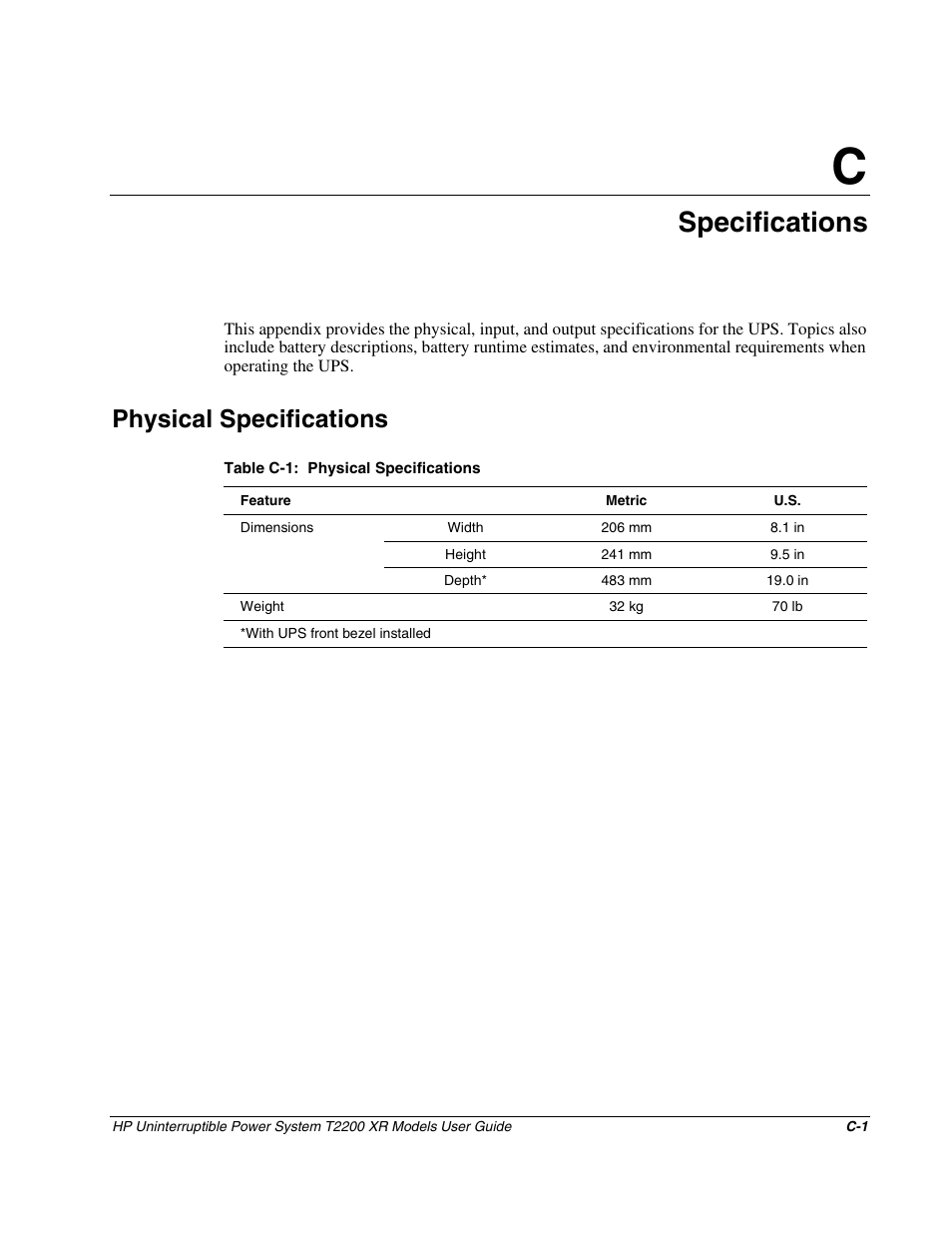 Appendix c: specifications, Physical specifications, Appendix c | Specifications | HP T2200 XR User Manual | Page 44 / 51