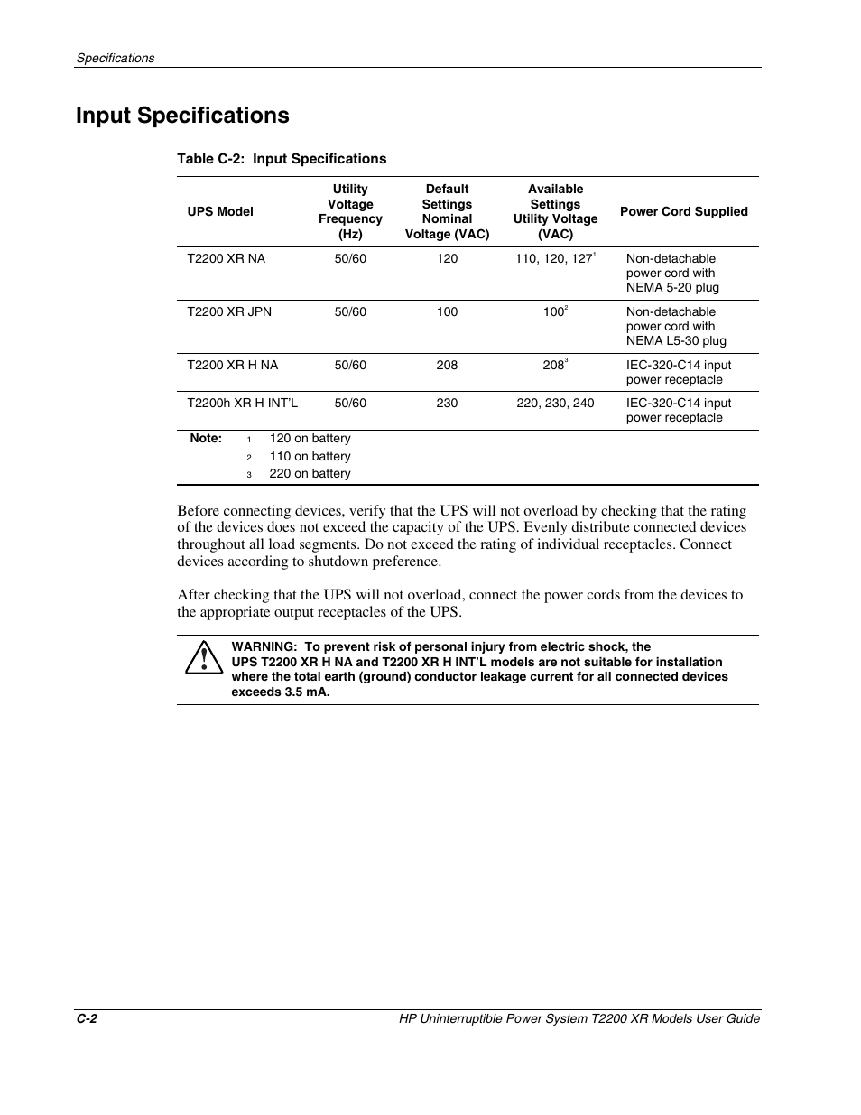 Input specifications | HP T2200 XR User Manual | Page 45 / 51