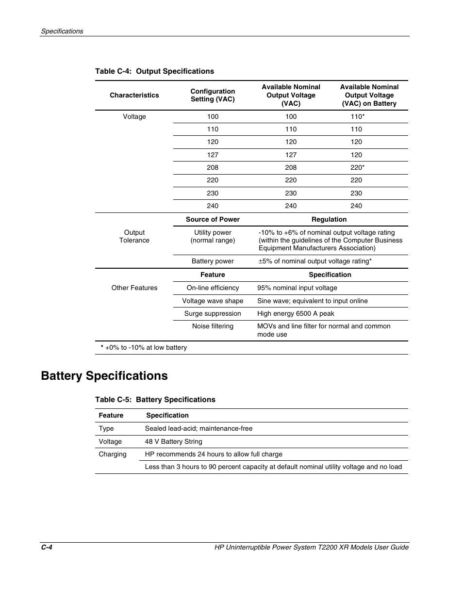 Battery specifications | HP T2200 XR User Manual | Page 47 / 51