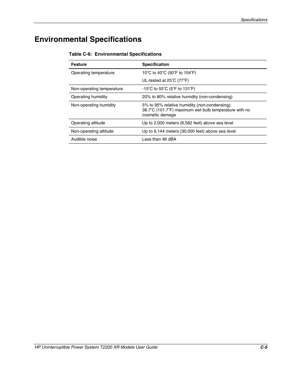 Environmental specifications | HP T2200 XR User Manual | Page 48 / 51