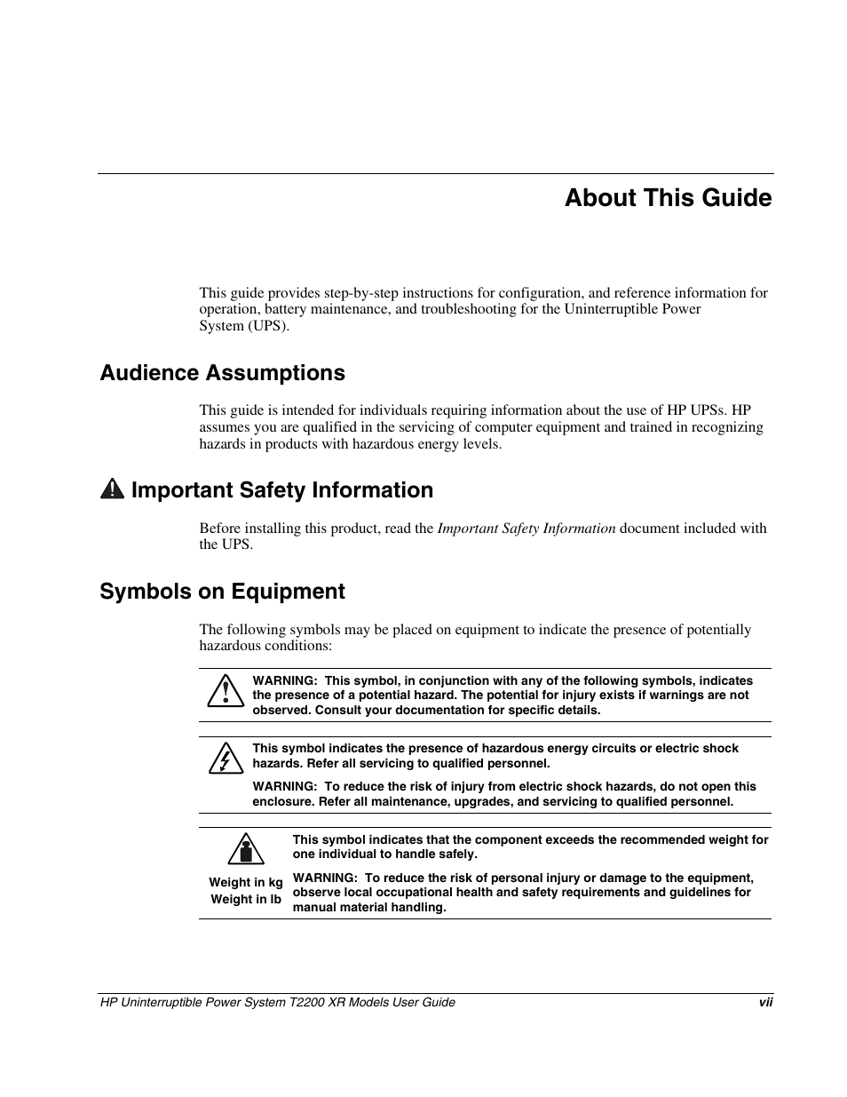 About this guide, Audience assumptions, Important safety information | Symbols on equipment | HP T2200 XR User Manual | Page 6 / 51