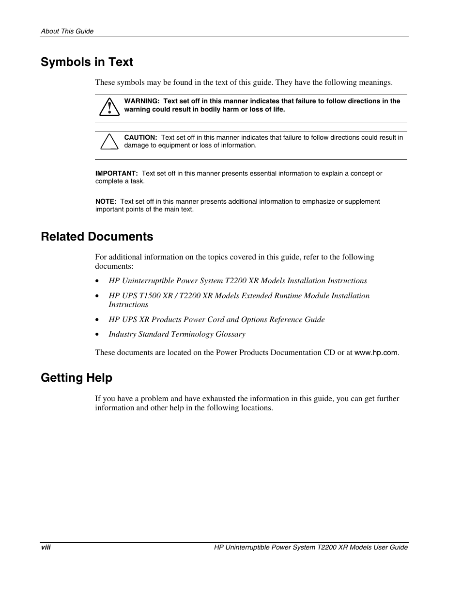 Symbols in text, Related documents, Getting help | HP T2200 XR User Manual | Page 7 / 51