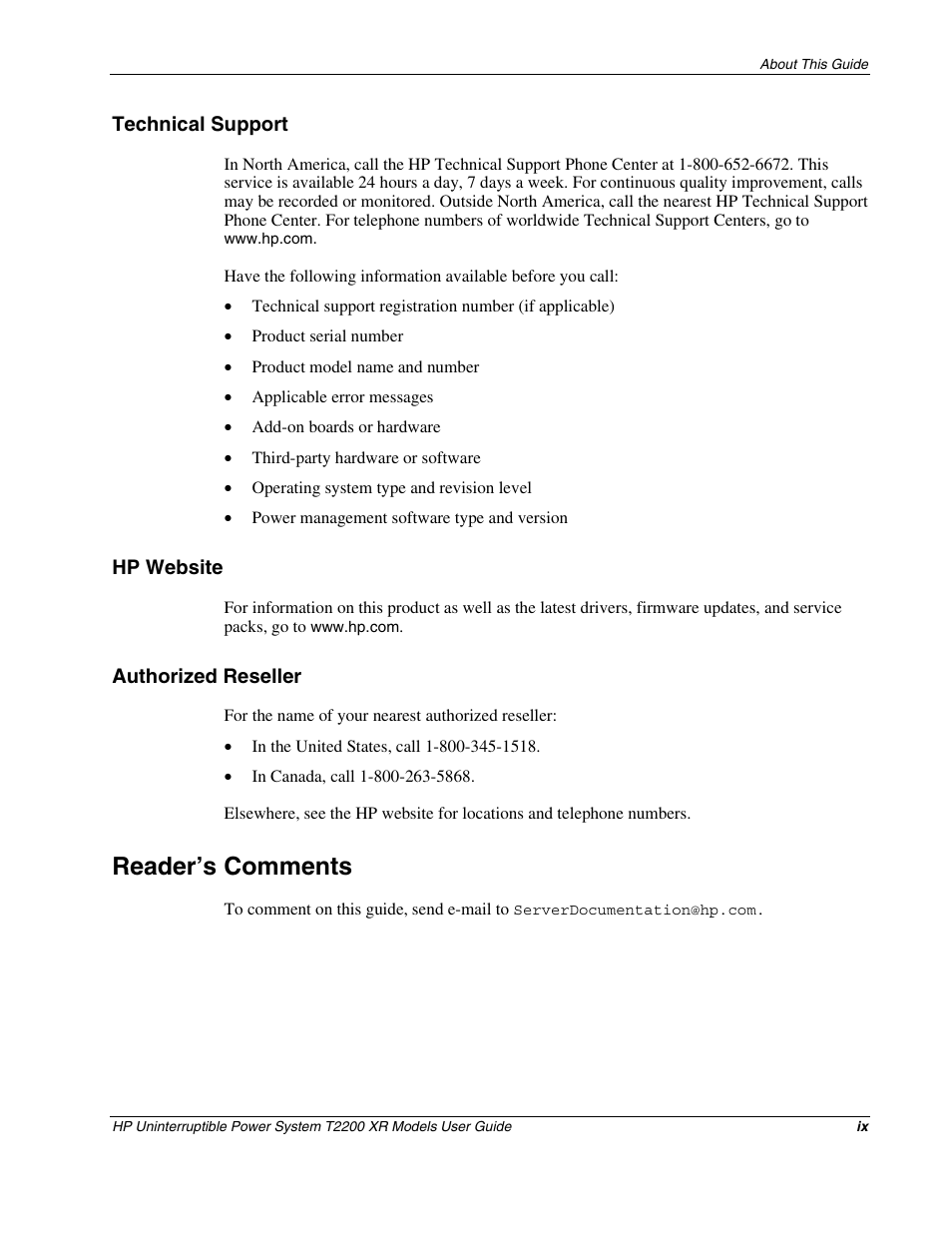 Technical support, Hp website, Authorized reseller | Reader’s comments | HP T2200 XR User Manual | Page 8 / 51