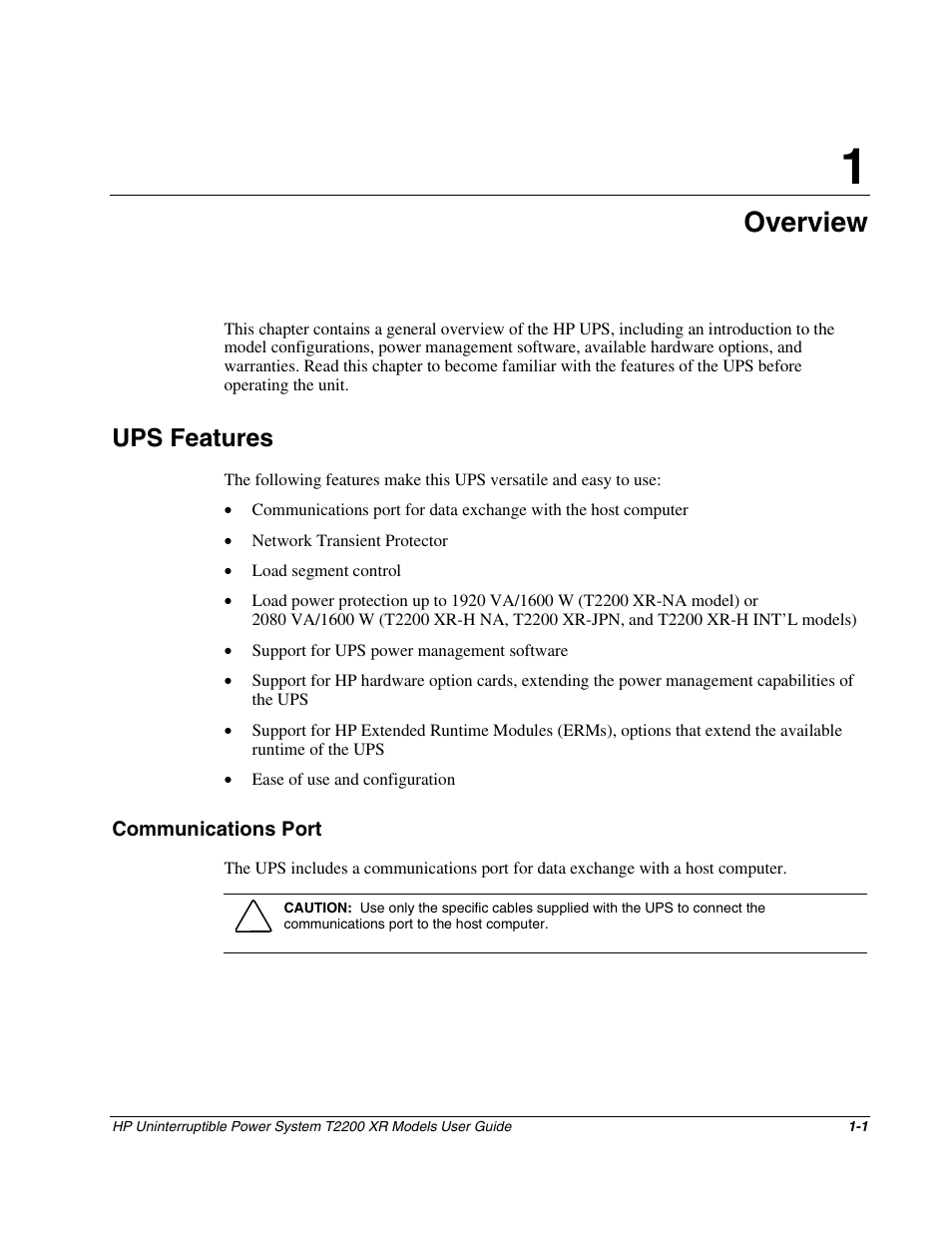 Chapter 1: overview, Ups features, Communications port | Chapter 1, Overview, Ups features -1, Communications port -1 | HP T2200 XR User Manual | Page 9 / 51