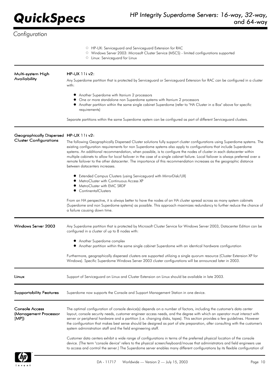 Quickspecs, Hp integrity superdome servers: 16-way, 32-way, And 64-way | And 64-way configuration | HP Integrity Superdome Servers: 16-way User Manual | Page 10 / 38