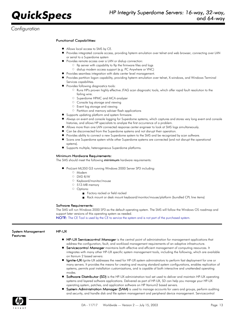 Quickspecs, Hp integrity superdome servers: 16-way, 32-way, And 64-way | And 64-way configuration | HP Integrity Superdome Servers: 16-way User Manual | Page 13 / 38