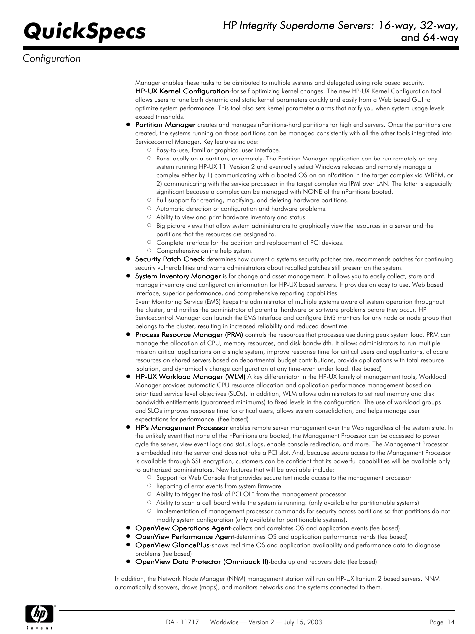 Quickspecs, Hp integrity superdome servers: 16-way, 32-way, And 64-way | And 64-way configuration | HP Integrity Superdome Servers: 16-way User Manual | Page 14 / 38