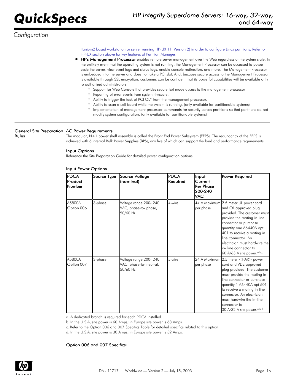 Quickspecs, Hp integrity superdome servers: 16-way, 32-way, And 64-way | And 64-way configuration | HP Integrity Superdome Servers: 16-way User Manual | Page 16 / 38