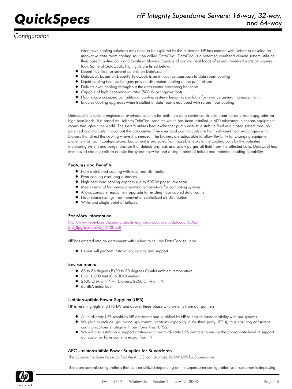 Quickspecs, Hp integrity superdome servers: 16-way, 32-way, And 64-way | And 64-way configuration | HP Integrity Superdome Servers: 16-way User Manual | Page 18 / 38