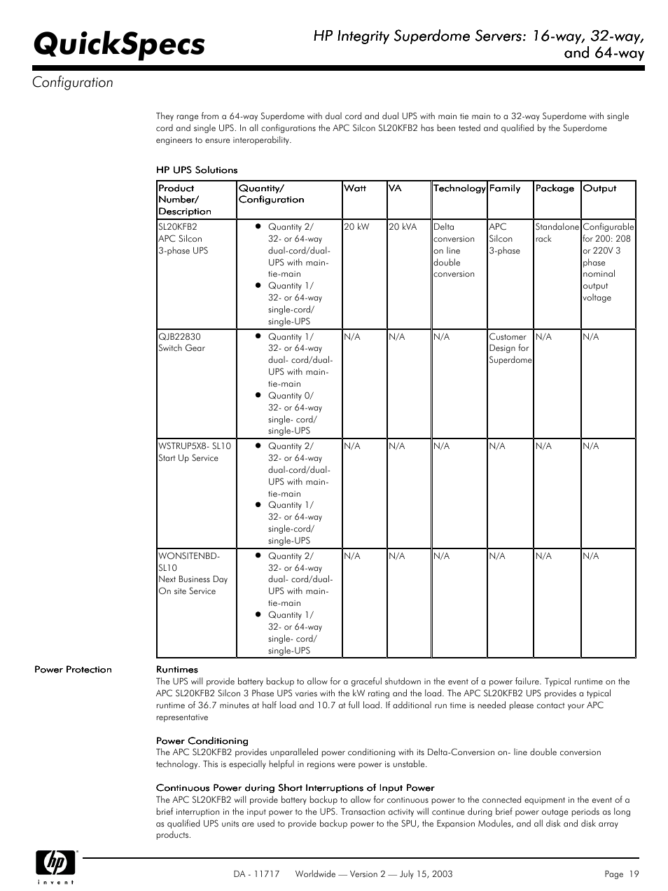 Quickspecs, Hp integrity superdome servers: 16-way, 32-way, And 64-way | And 64-way configuration | HP Integrity Superdome Servers: 16-way User Manual | Page 19 / 38