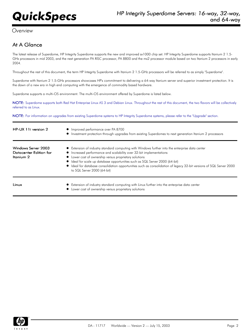 Quickspecs, Hp integrity superdome servers: 16-way, 32-way, And 64-way | And 64-way overview, At a glance | HP Integrity Superdome Servers: 16-way User Manual | Page 2 / 38