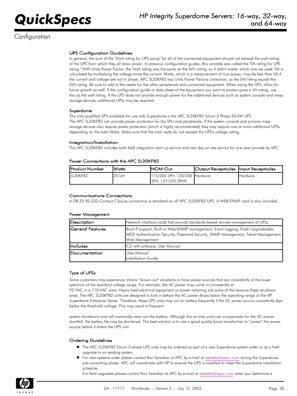 Quickspecs, Hp integrity superdome servers: 16-way, 32-way, And 64-way | And 64-way configuration | HP Integrity Superdome Servers: 16-way User Manual | Page 20 / 38