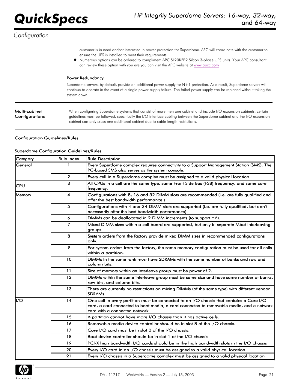 Quickspecs, Hp integrity superdome servers: 16-way, 32-way, And 64-way | And 64-way configuration | HP Integrity Superdome Servers: 16-way User Manual | Page 21 / 38