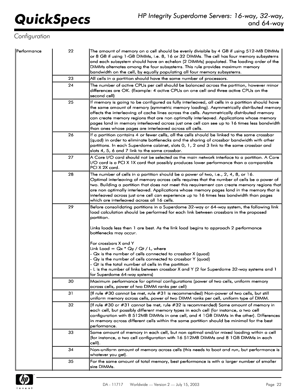 Quickspecs, Hp integrity superdome servers: 16-way, 32-way, And 64-way | And 64-way configuration | HP Integrity Superdome Servers: 16-way User Manual | Page 22 / 38