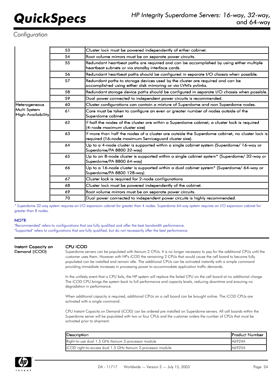 Quickspecs, Hp integrity superdome servers: 16-way, 32-way, And 64-way | And 64-way configuration | HP Integrity Superdome Servers: 16-way User Manual | Page 24 / 38