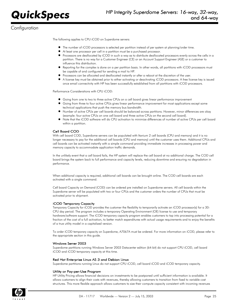Quickspecs, Hp integrity superdome servers: 16-way, 32-way, And 64-way | And 64-way configuration | HP Integrity Superdome Servers: 16-way User Manual | Page 25 / 38