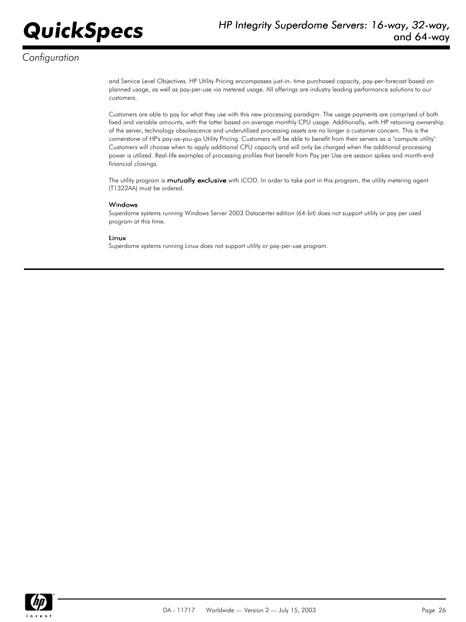 Quickspecs, Hp integrity superdome servers: 16-way, 32-way, And 64-way | And 64-way configuration | HP Integrity Superdome Servers: 16-way User Manual | Page 26 / 38