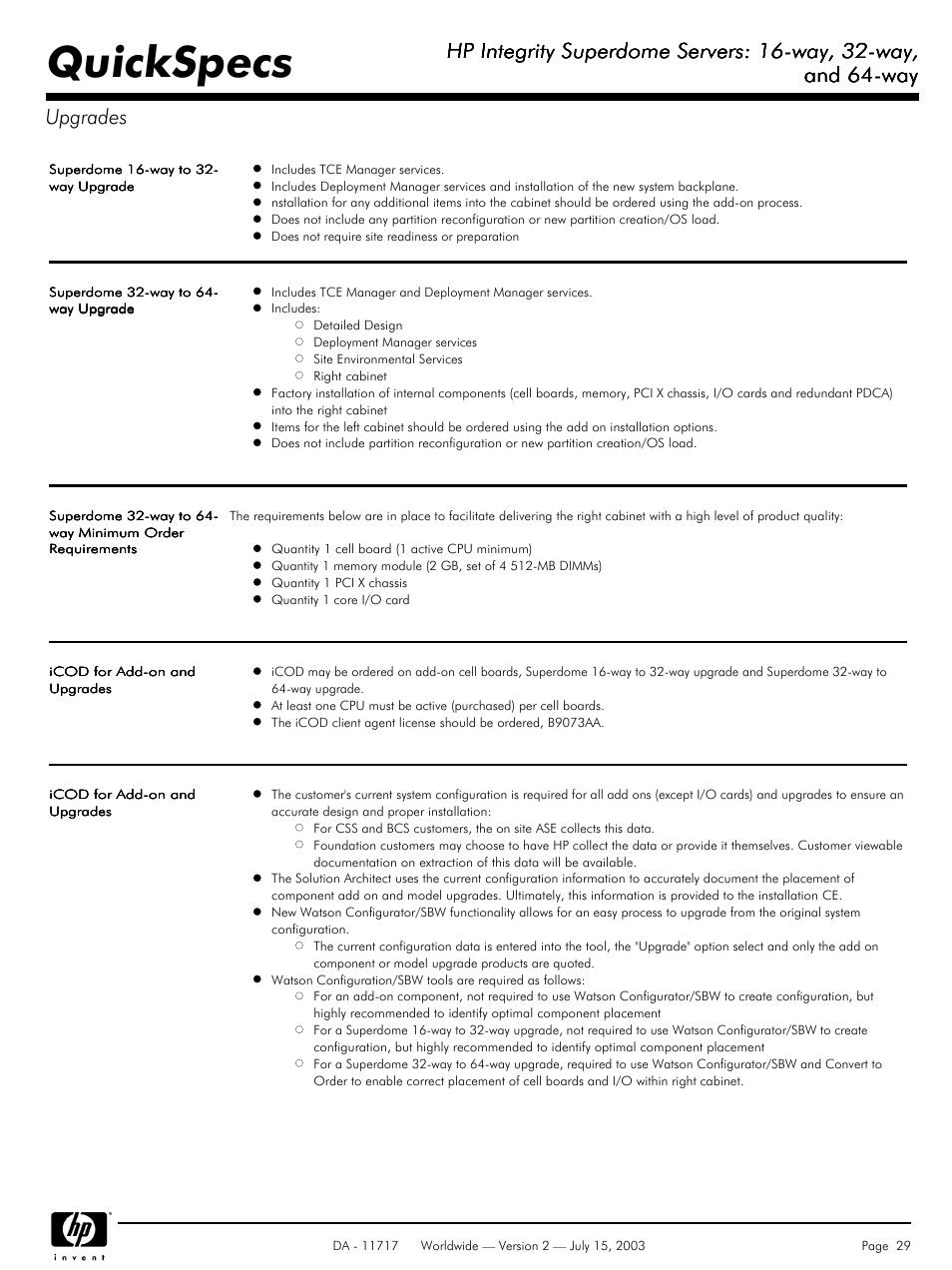 Quickspecs, Hp integrity superdome servers: 16-way, 32-way, And 64-way | And 64-way upgrades | HP Integrity Superdome Servers: 16-way User Manual | Page 29 / 38