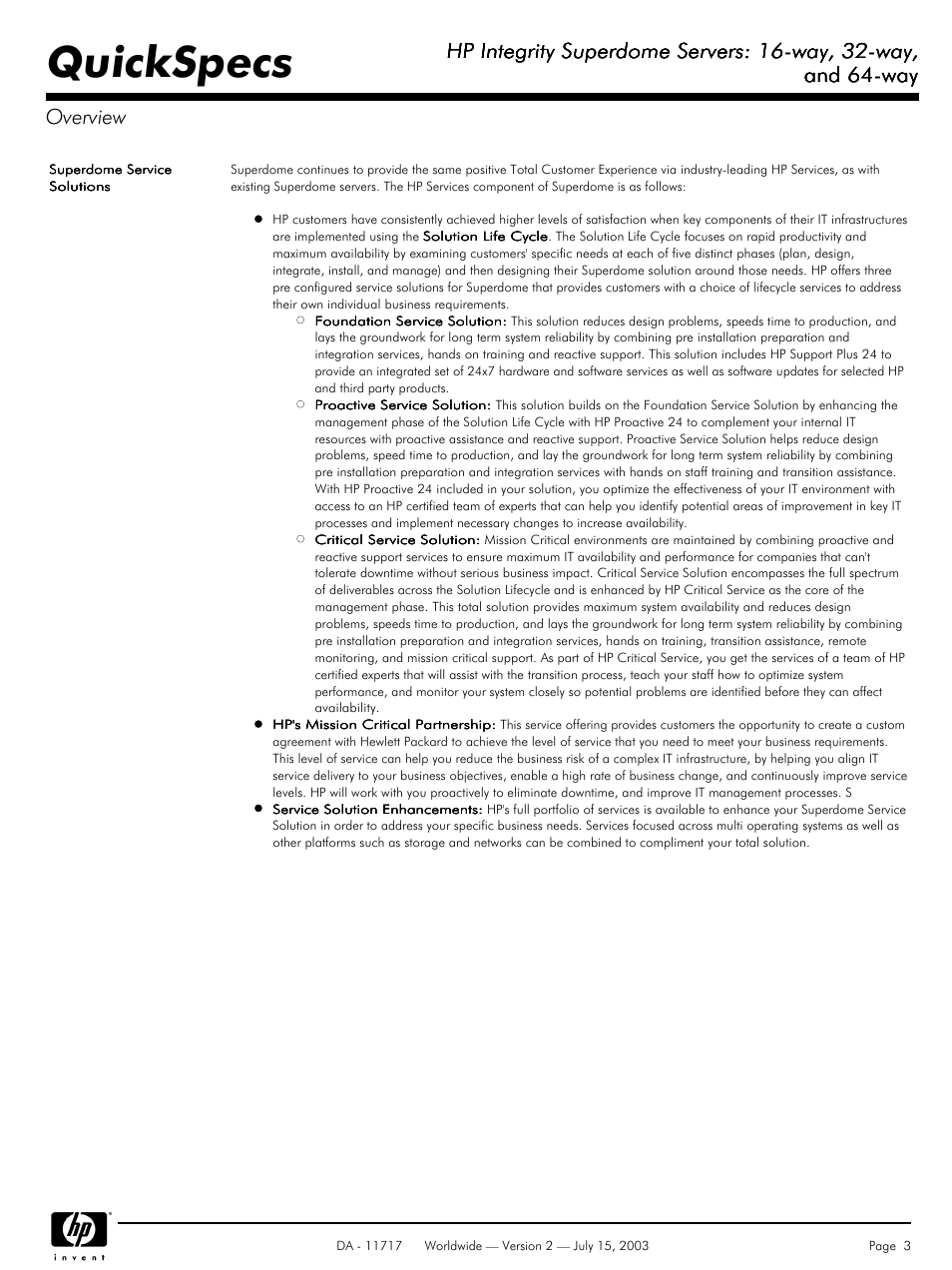 Quickspecs, Hp integrity superdome servers: 16-way, 32-way, And 64-way | And 64-way overview | HP Integrity Superdome Servers: 16-way User Manual | Page 3 / 38