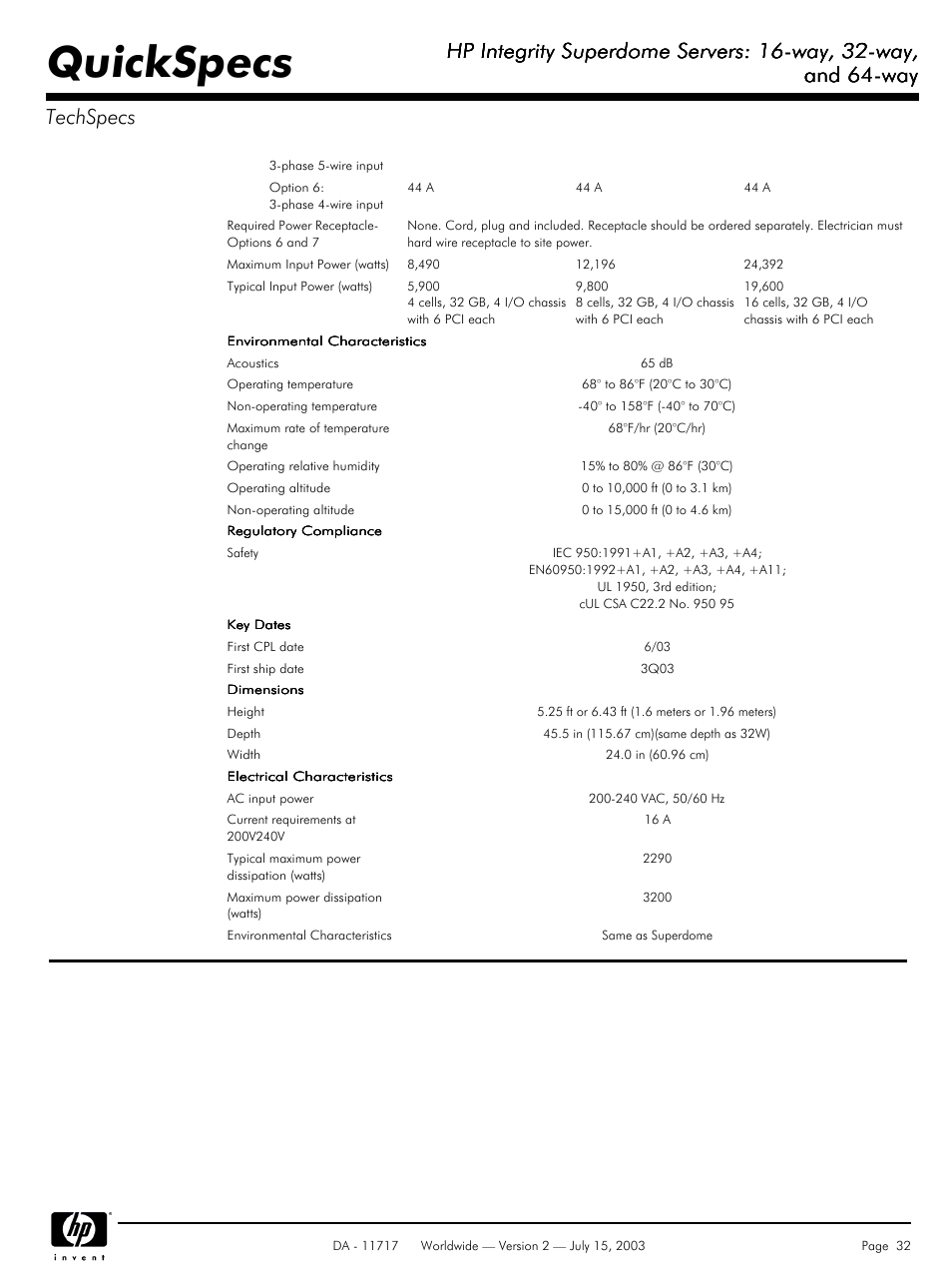 Quickspecs, Hp integrity superdome servers: 16-way, 32-way, And 64-way | And 64-way techspecs | HP Integrity Superdome Servers: 16-way User Manual | Page 32 / 38