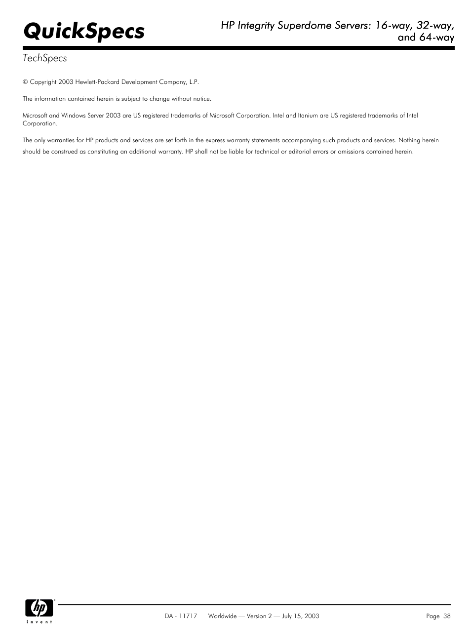 Quickspecs | HP Integrity Superdome Servers: 16-way User Manual | Page 38 / 38