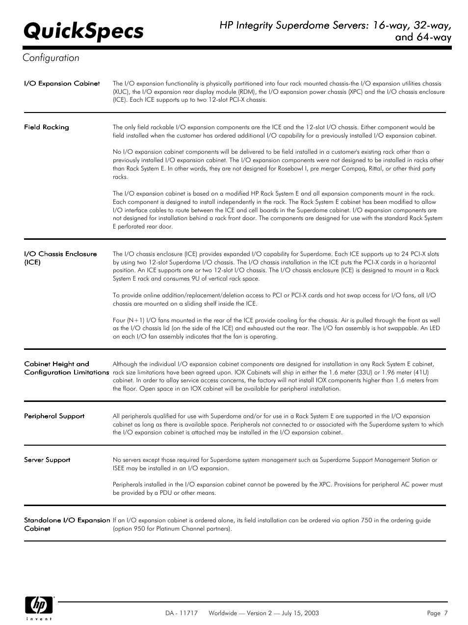 Quickspecs, Hp integrity superdome servers: 16-way, 32-way, And 64-way | And 64-way configuration | HP Integrity Superdome Servers: 16-way User Manual | Page 7 / 38