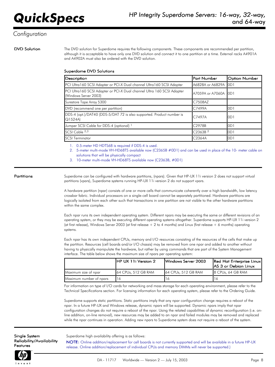 Quickspecs, Hp integrity superdome servers: 16-way, 32-way, And 64-way | And 64-way configuration | HP Integrity Superdome Servers: 16-way User Manual | Page 8 / 38