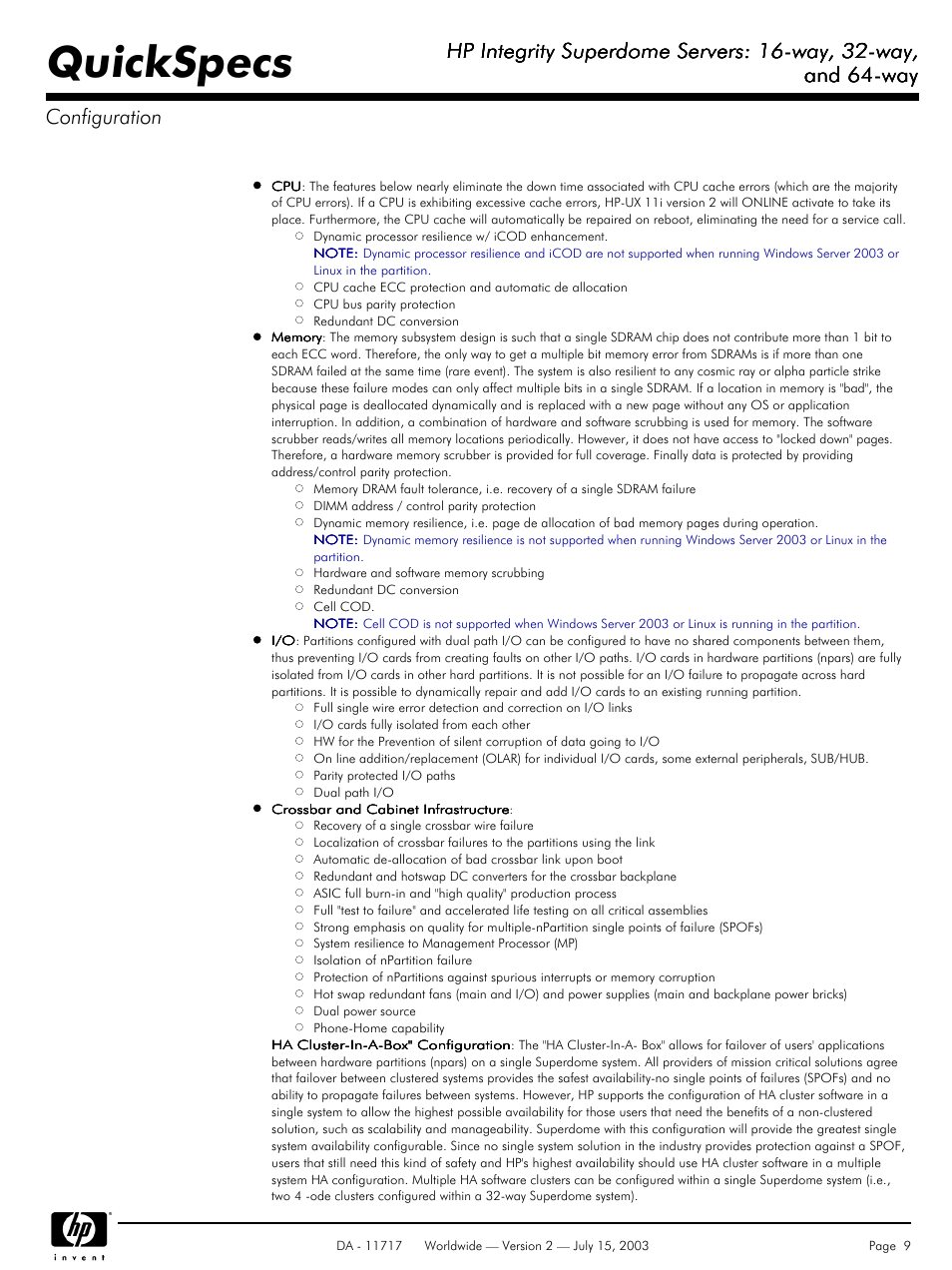 Quickspecs, Hp integrity superdome servers: 16-way, 32-way, And 64-way | And 64-way configuration | HP Integrity Superdome Servers: 16-way User Manual | Page 9 / 38
