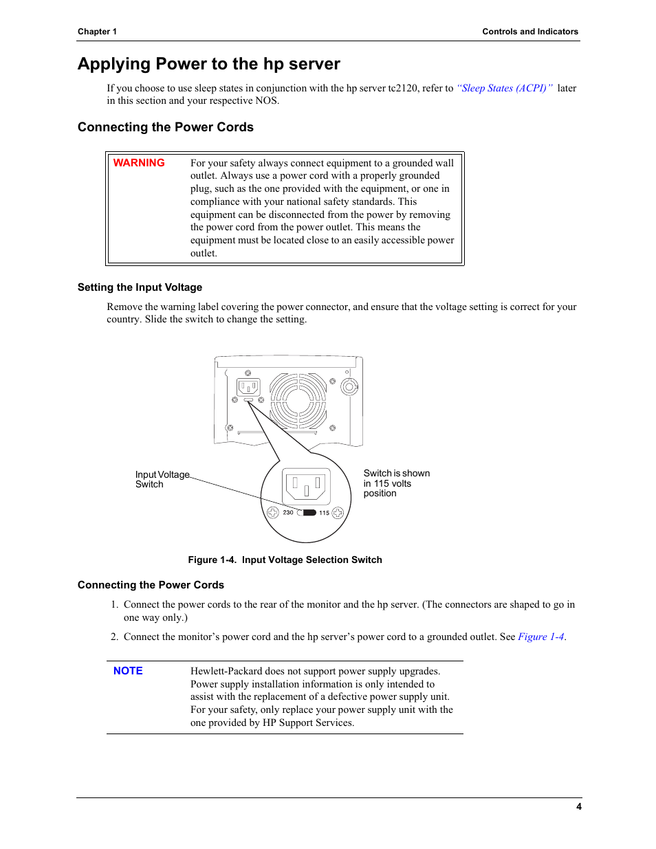 Applying power to the hp server, Connecting the power cords, Setting the input voltage | HP TC2120 User Manual | Page 10 / 125