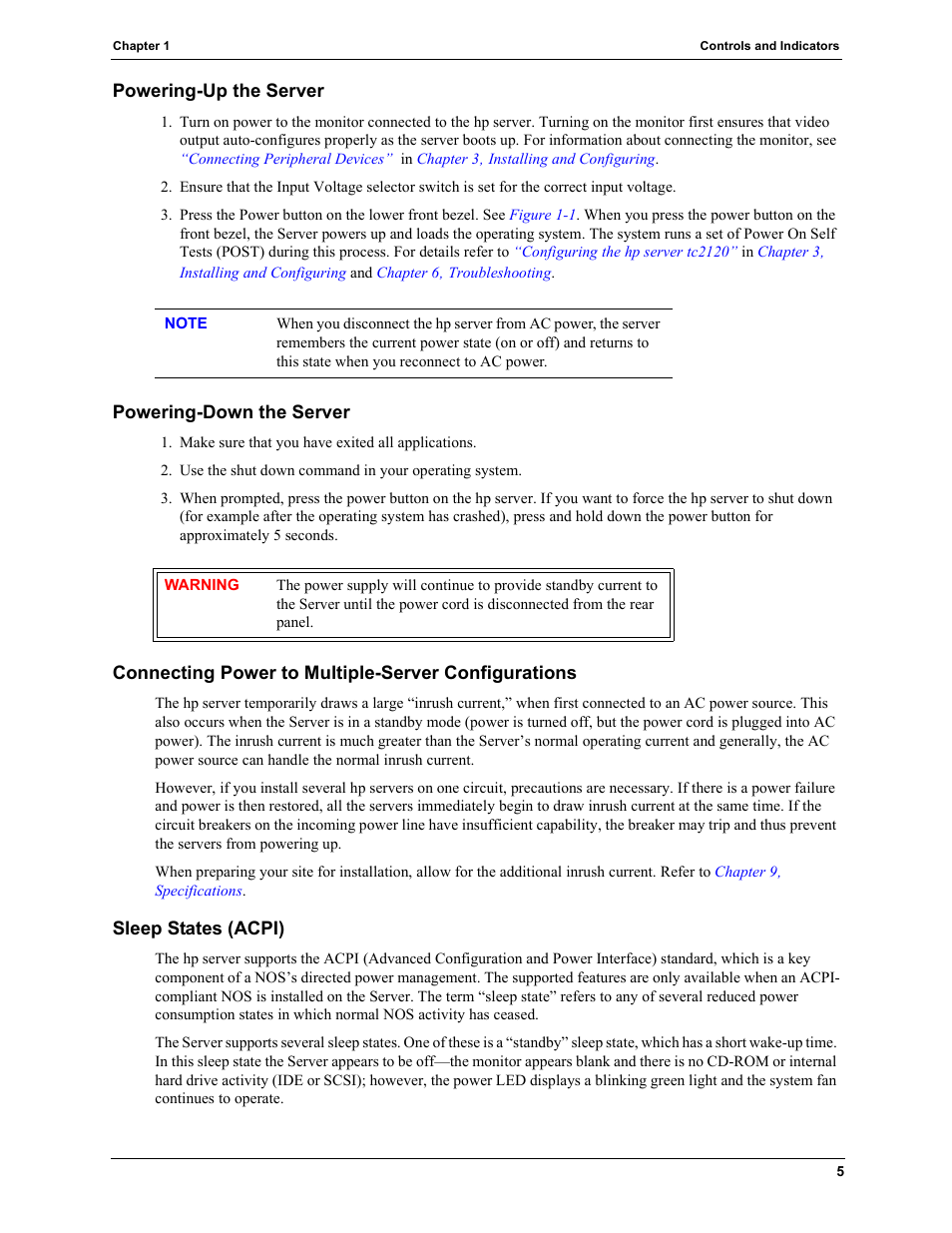 Powering-up the server, Powering-down the server, Connecting power to multiple-server configurations | Sleep states (acpi) | HP TC2120 User Manual | Page 11 / 125