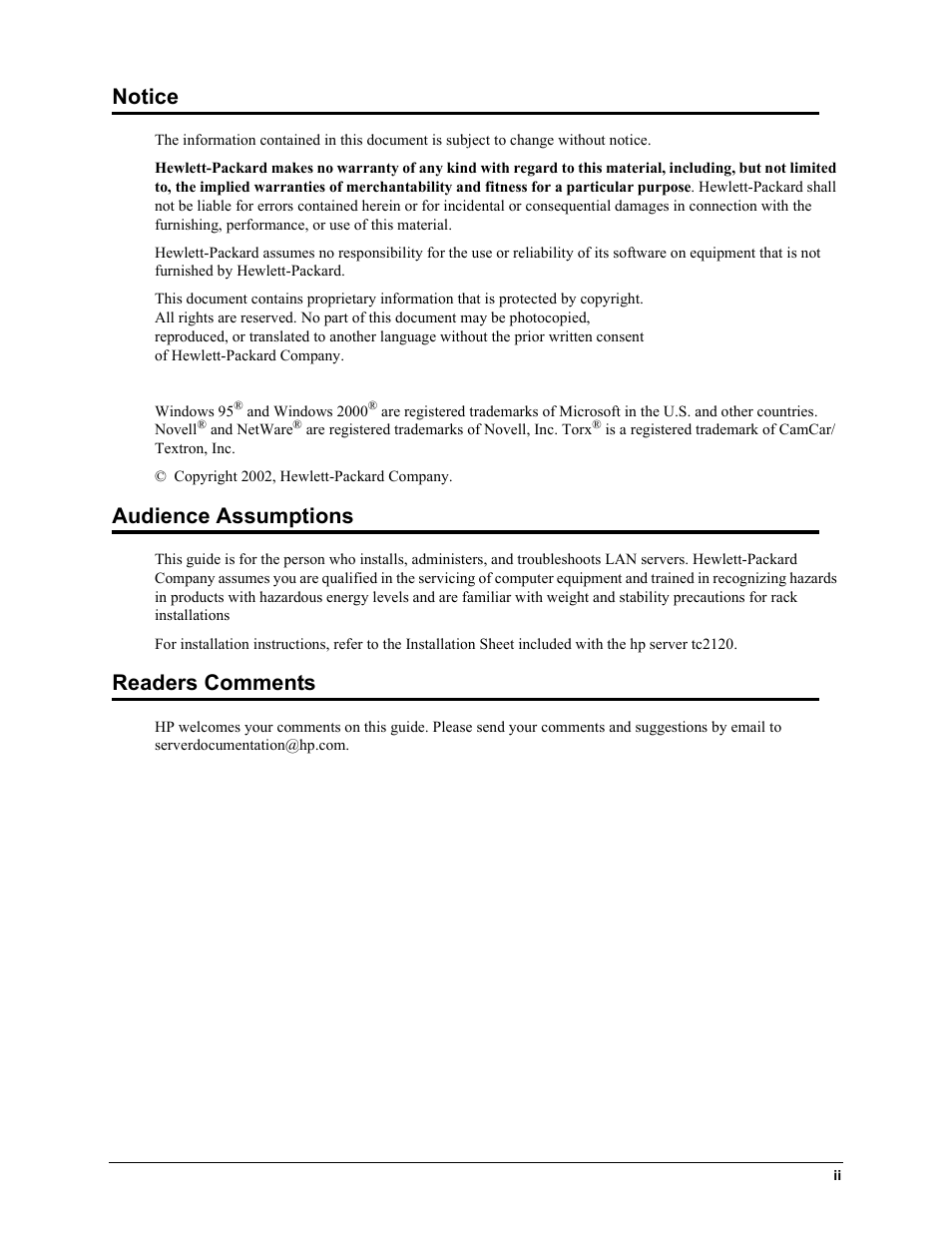 Notice, Audience assumptions, Readers comments | HP TC2120 User Manual | Page 2 / 125