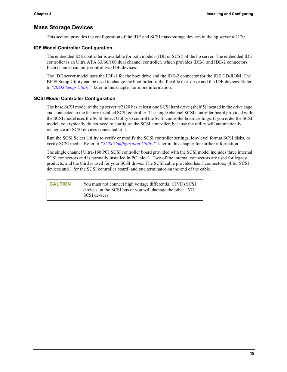 Mass storage devices, Ide model controller configuration, Scsi model controller configuration | HP TC2120 User Manual | Page 25 / 125