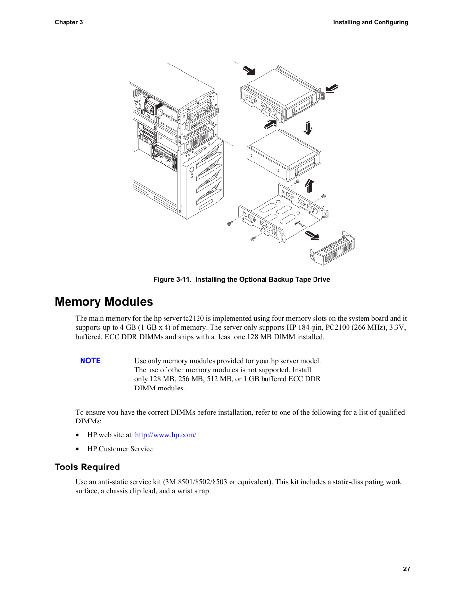 Memory modules, Tools required, Figure 3-11 | HP TC2120 User Manual | Page 33 / 125