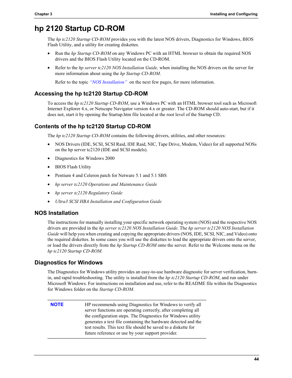 Hp 2120 startup cd-rom, Accessing the hp tc2120 startup cd-rom, Contents of the hp tc2120 startup cd-rom | Nos installation, Diagnostics for windows | HP TC2120 User Manual | Page 50 / 125