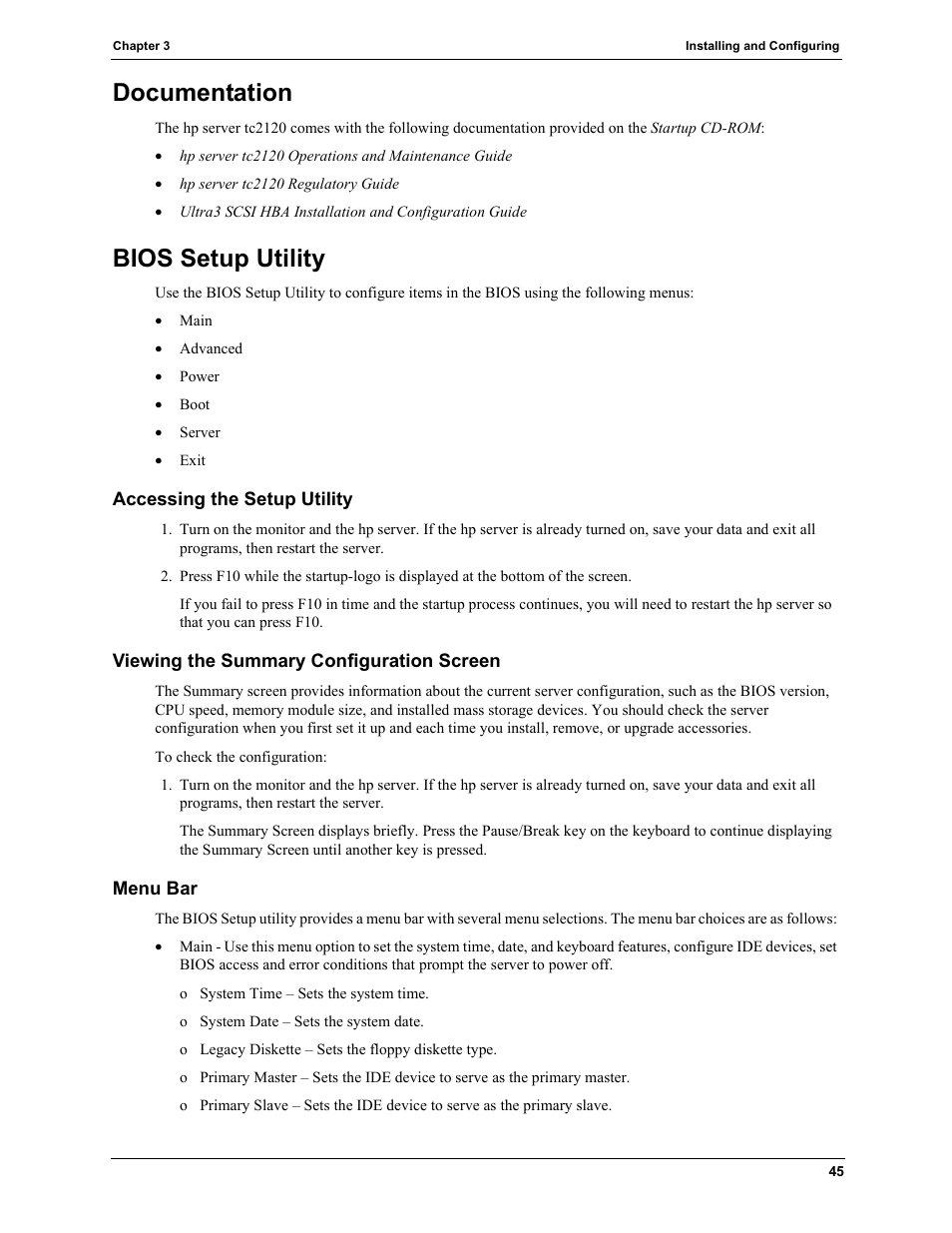 Documentation, Bios setup utility, Accessing the setup utility | Viewing the summary configuration screen, Menu bar, Documentation bios setup utility, Later | HP TC2120 User Manual | Page 51 / 125
