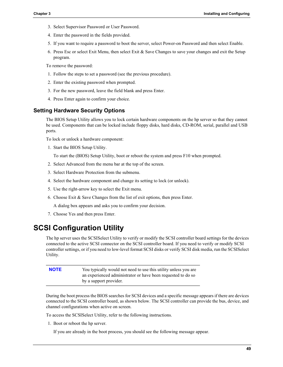 Setting hardware security options, Scsi configuration utility, Later in | HP TC2120 User Manual | Page 55 / 125