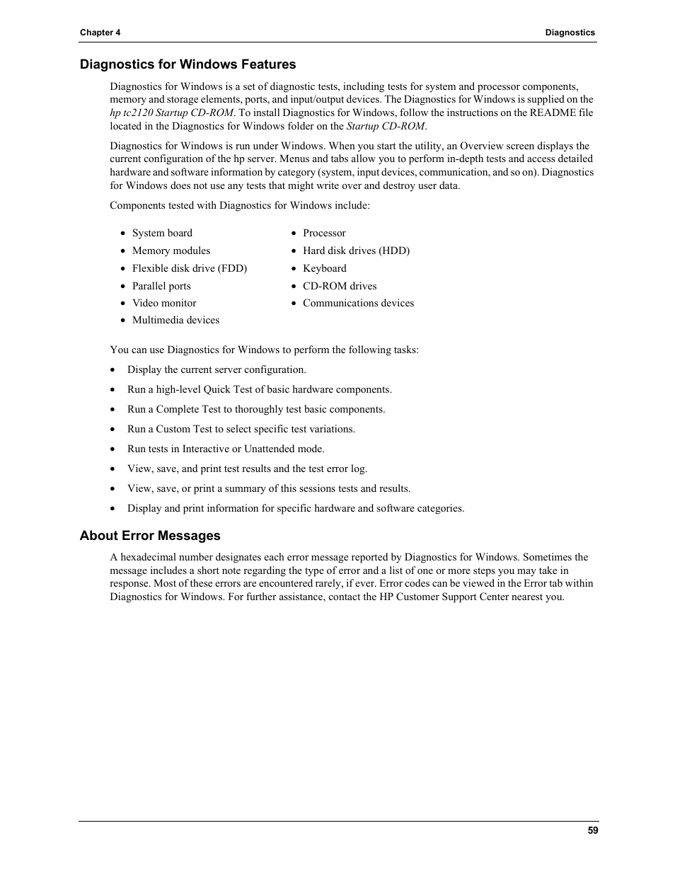 Diagnostics for windows features, About error messages | HP TC2120 User Manual | Page 65 / 125