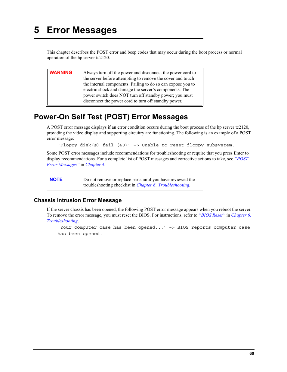 Chapter 5: error messages, Power-on self test (post) error messages, Chassis intrusion error message | 5 error messages, Chapter 5‚ error mes, Sages, R to, Chapter 5‚ error messages | HP TC2120 User Manual | Page 66 / 125
