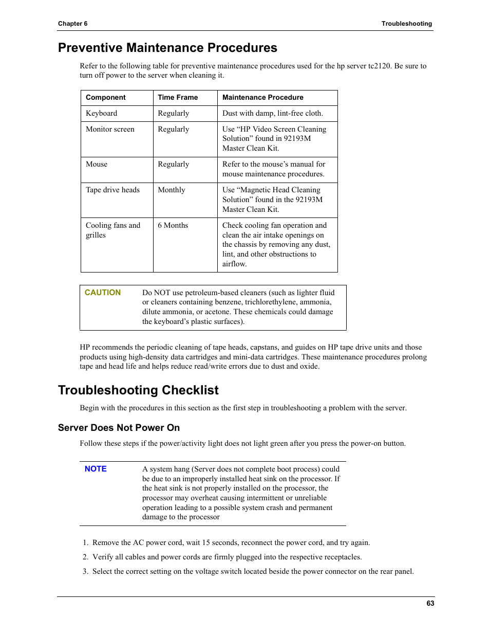 Preventive maintenance procedures, Troubleshooting checklist, Server does not power on | HP TC2120 User Manual | Page 69 / 125