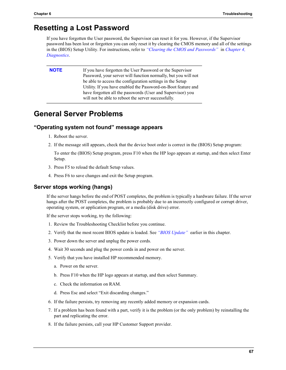 Resetting a lost password, General server problems, Operating system not found” message appears | Server stops working (hangs), Resetting a lost password general server problems | HP TC2120 User Manual | Page 73 / 125