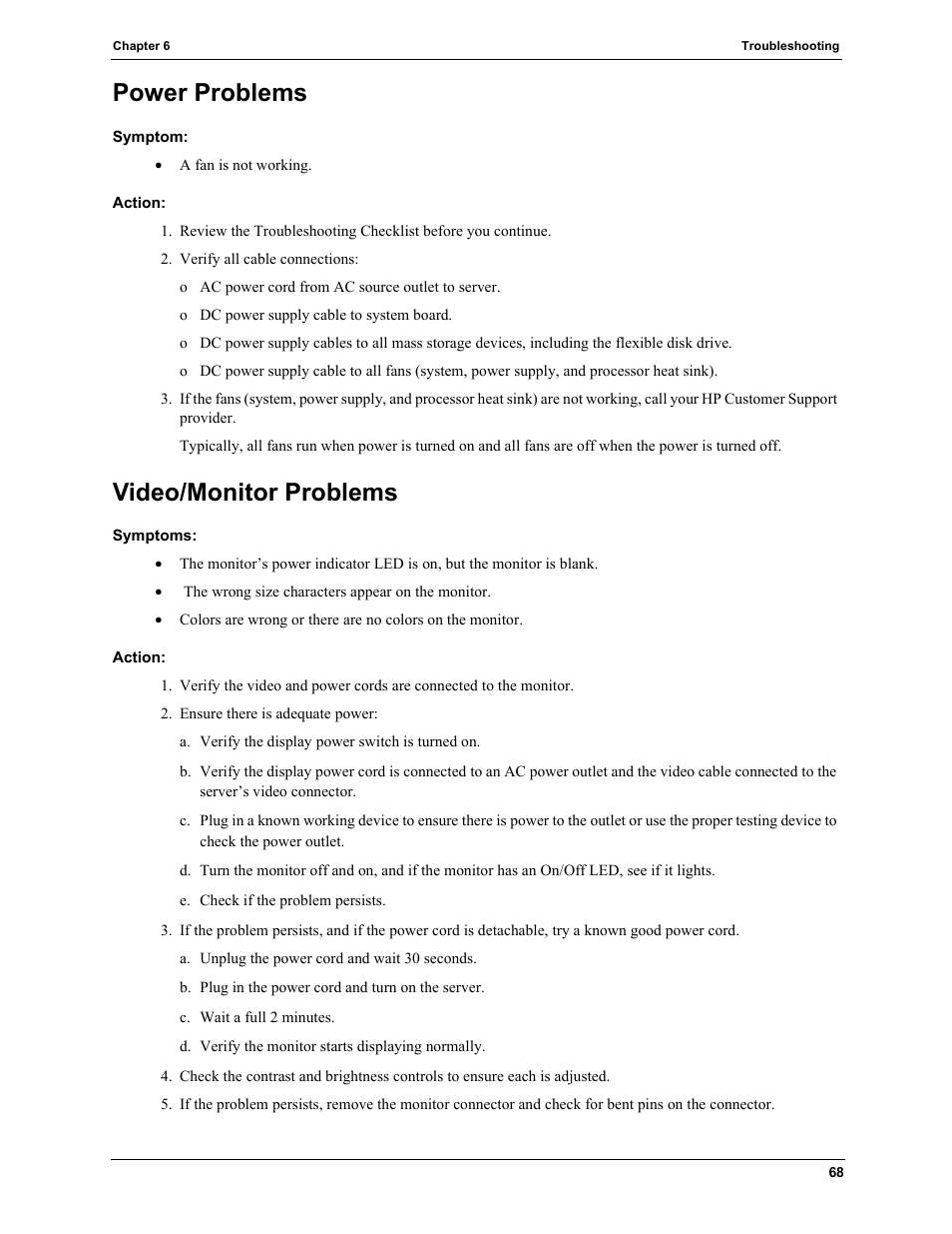 Power problems, Symptom, Action | Video/monitor problems, Symptoms, Power problems video/monitor problems | HP TC2120 User Manual | Page 74 / 125