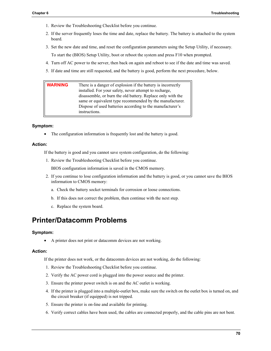 Symptom, Action, Printer/datacomm problems | HP TC2120 User Manual | Page 76 / 125