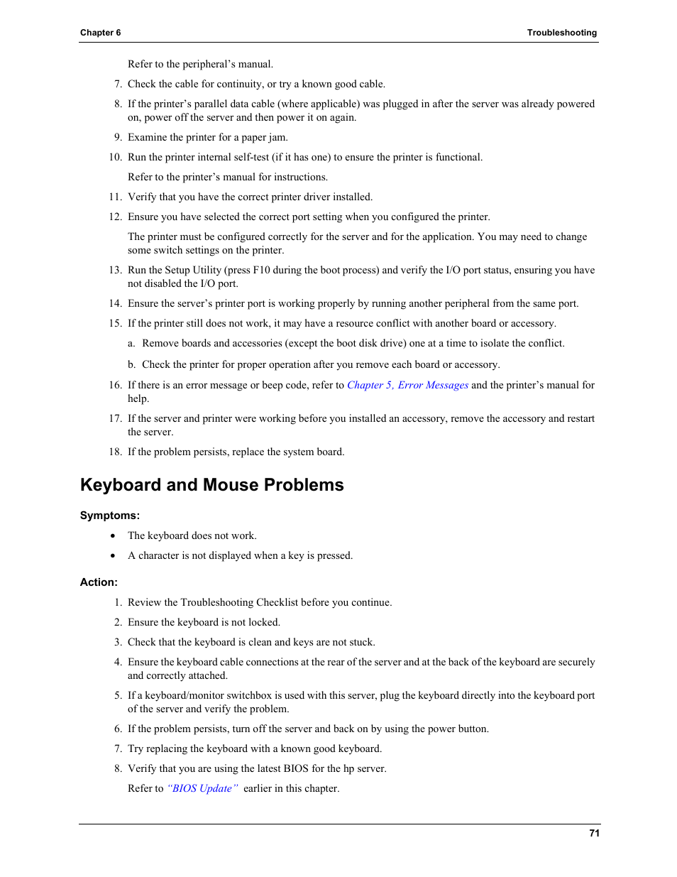 Keyboard and mouse problems, Symptoms, Action | HP TC2120 User Manual | Page 77 / 125