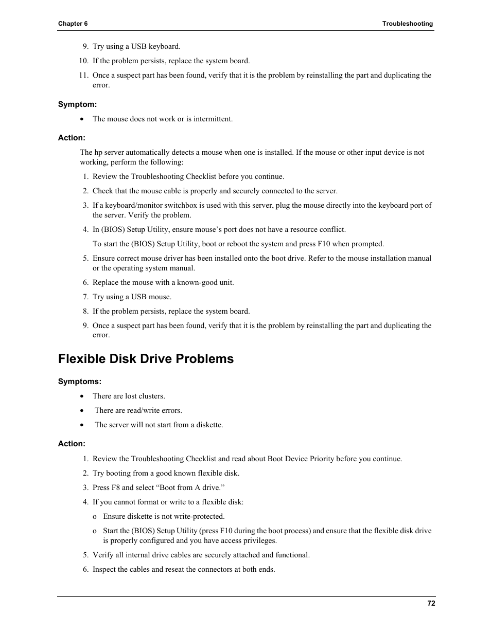 Symptom, Action, Flexible disk drive problems | Symptoms | HP TC2120 User Manual | Page 78 / 125