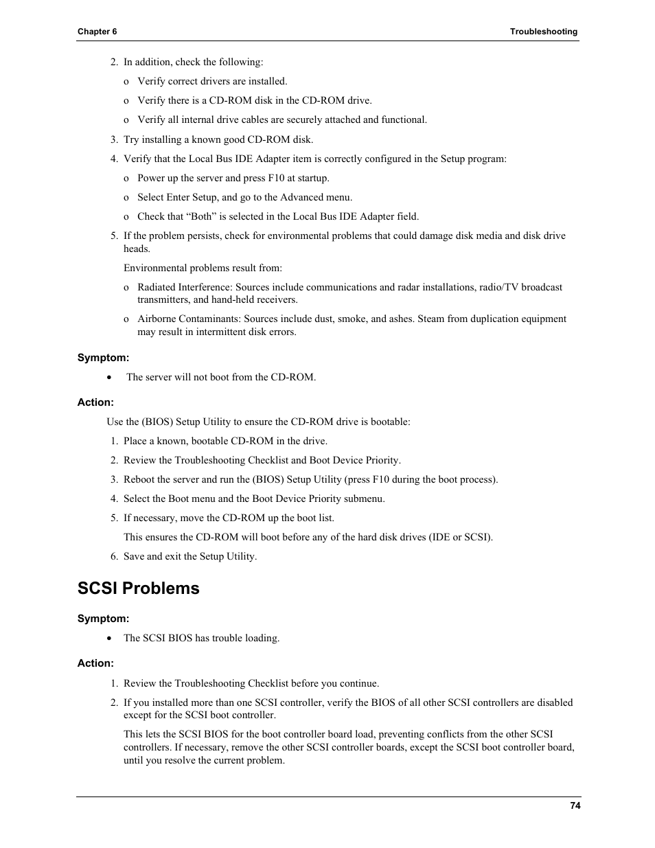 Symptom, Action, Scsi problems | HP TC2120 User Manual | Page 80 / 125