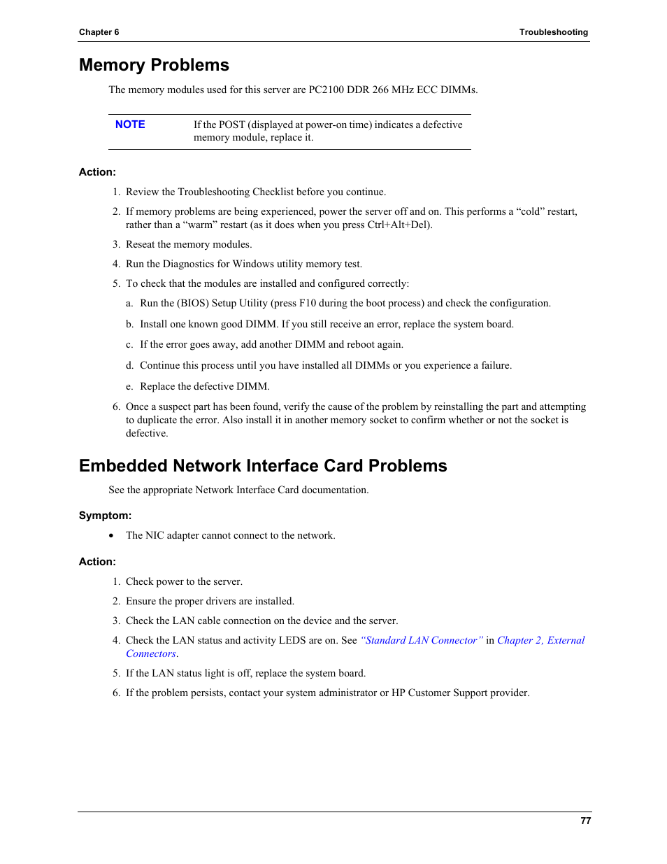 Memory problems, Action, Embedded network interface card problems | Symptom | HP TC2120 User Manual | Page 83 / 125