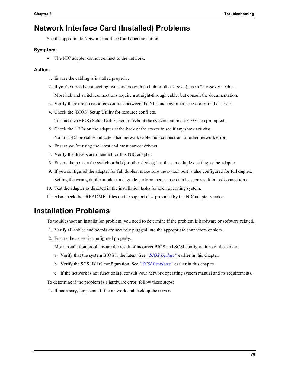 Network interface card (installed) problems, Symptom, Action | Installation problems | HP TC2120 User Manual | Page 84 / 125