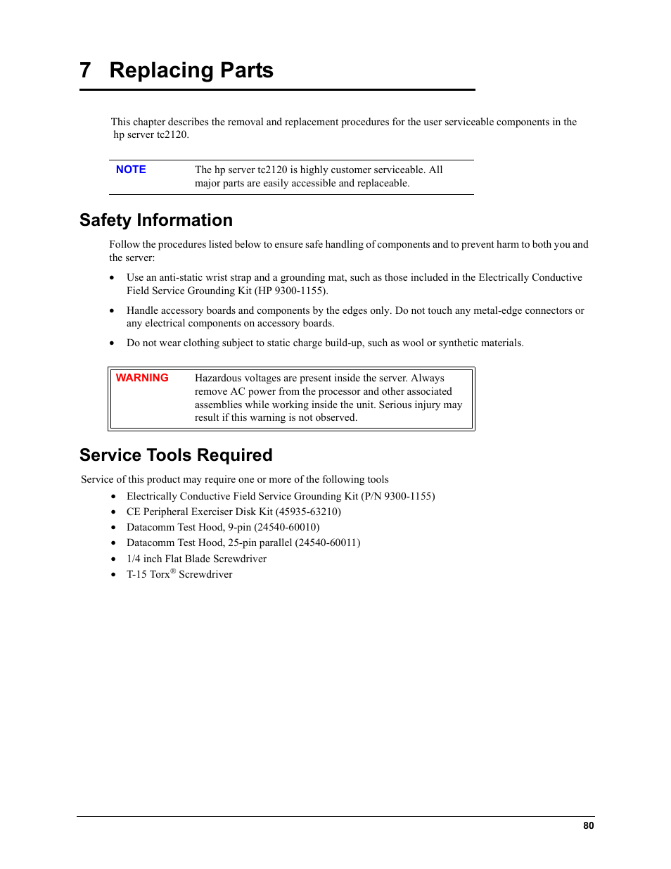 Chapter 7: replacing parts, Safety information, Service tools required | 7 replacing parts, Safety information service tools required, Chapter 7‚ replacing parts, Chapter 7, Replacing parts | HP TC2120 User Manual | Page 86 / 125